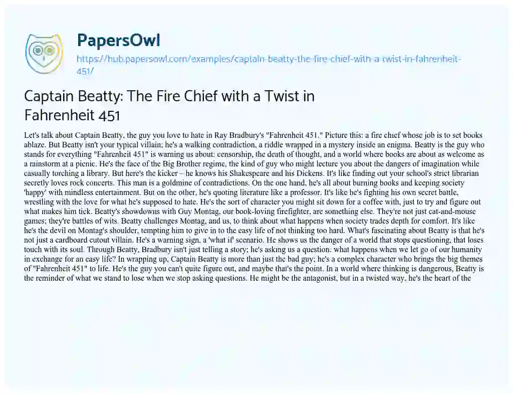 Essay on Captain Beatty: The Fire Chief with a Twist in Fahrenheit 451