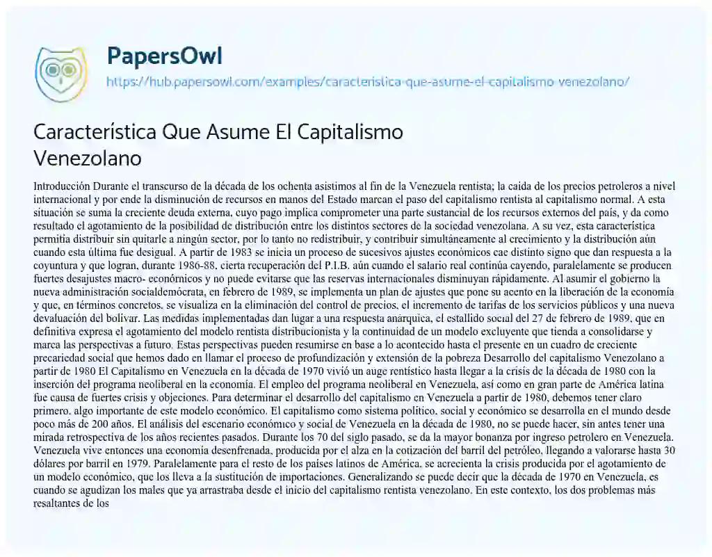 Essay on Característica Que Asume El Capitalismo Venezolano