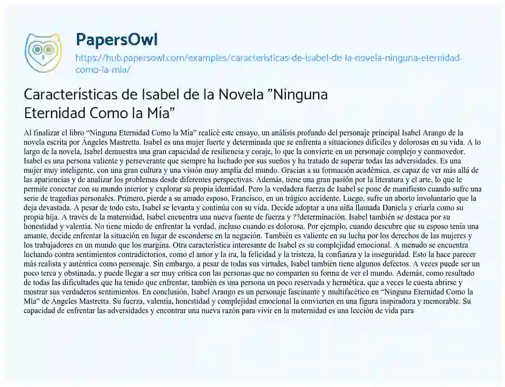 Essay on Características de Isabel de la Novela “Ninguna Eternidad Como la Mía”