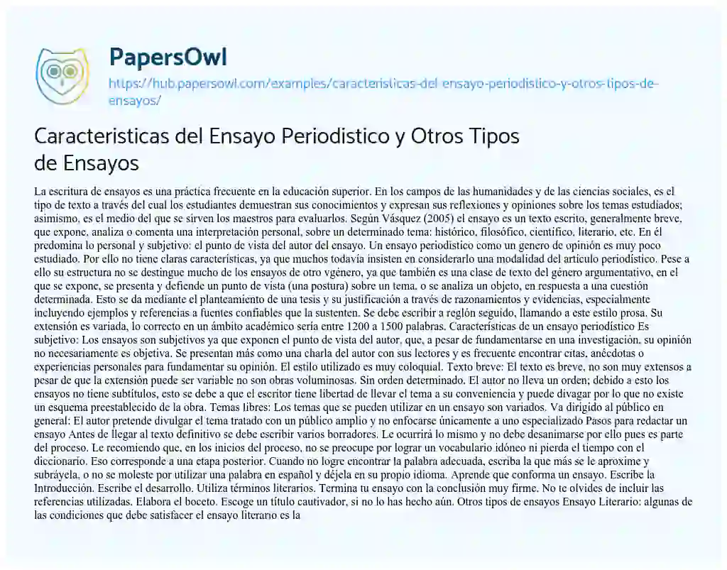 Essay on Caracteristicas del Ensayo Periodistico y Otros Tipos de Ensayos