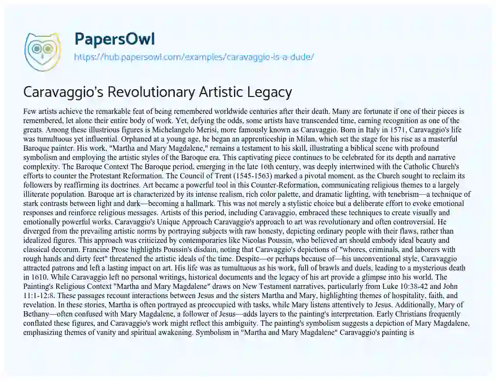 Essay on Caravaggio’s Revolutionary Artistic Legacy