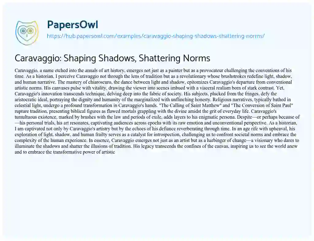Essay on Caravaggio: Shaping Shadows, Shattering Norms