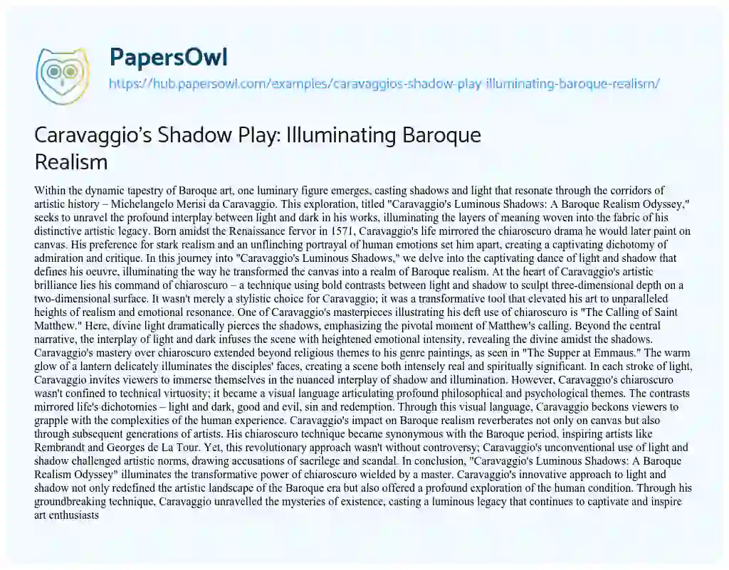 Essay on Caravaggio’s Shadow Play: Illuminating Baroque Realism