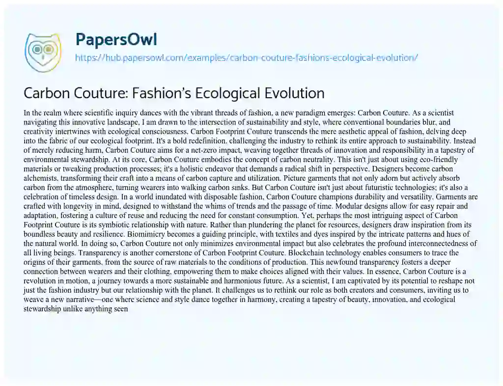 Essay on Carbon Couture: Fashion’s Ecological Evolution