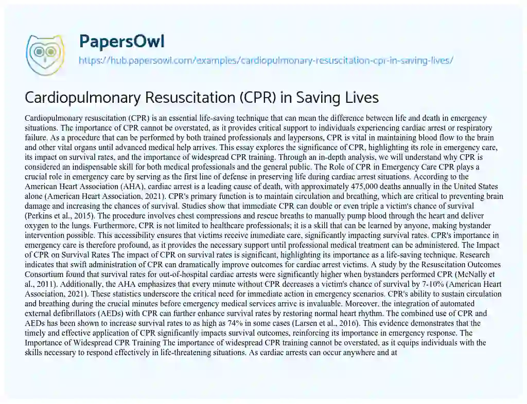 Essay on Cardiopulmonary Resuscitation (CPR) in Saving Lives