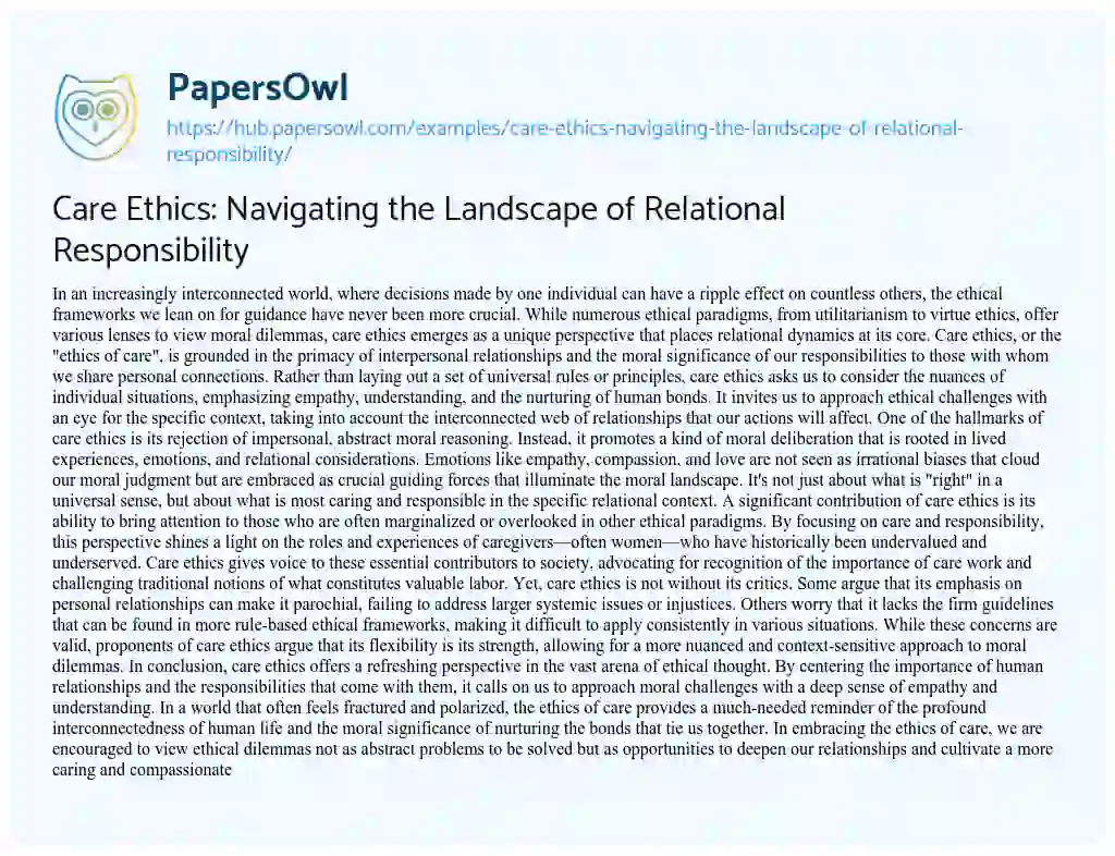 Essay on Care Ethics: Navigating the Landscape of Relational Responsibility