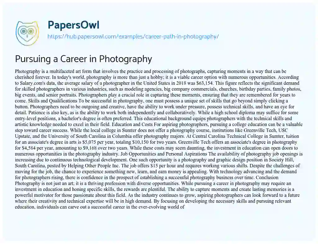 Essay on Pursuing a Career in Photography