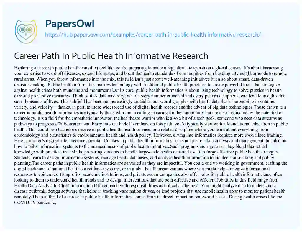 Essay on Career Path In Public Health Informative Research