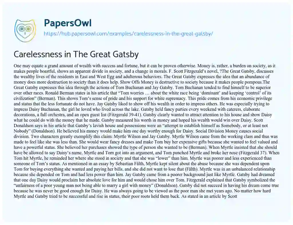 Essay on Carelessness in The Great Gatsby