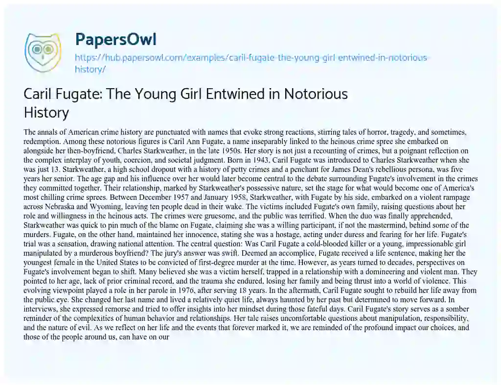 Essay on Caril Fugate: The Young Girl Entwined in Notorious History