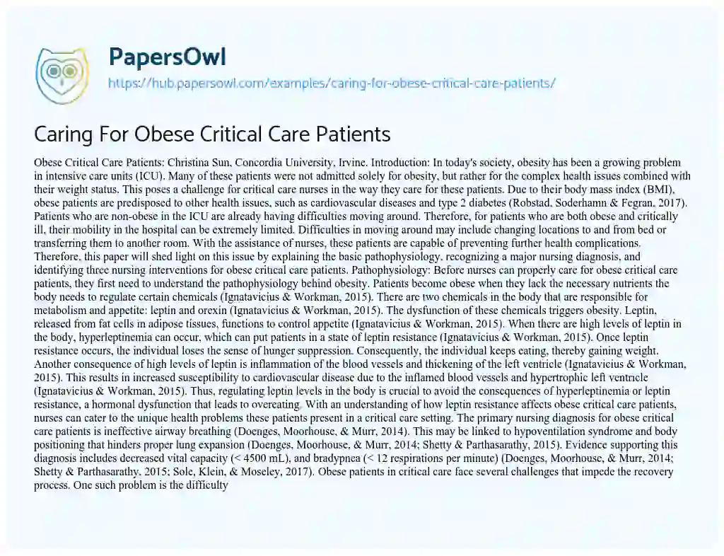 Essay on Caring For Obese Critical Care Patients