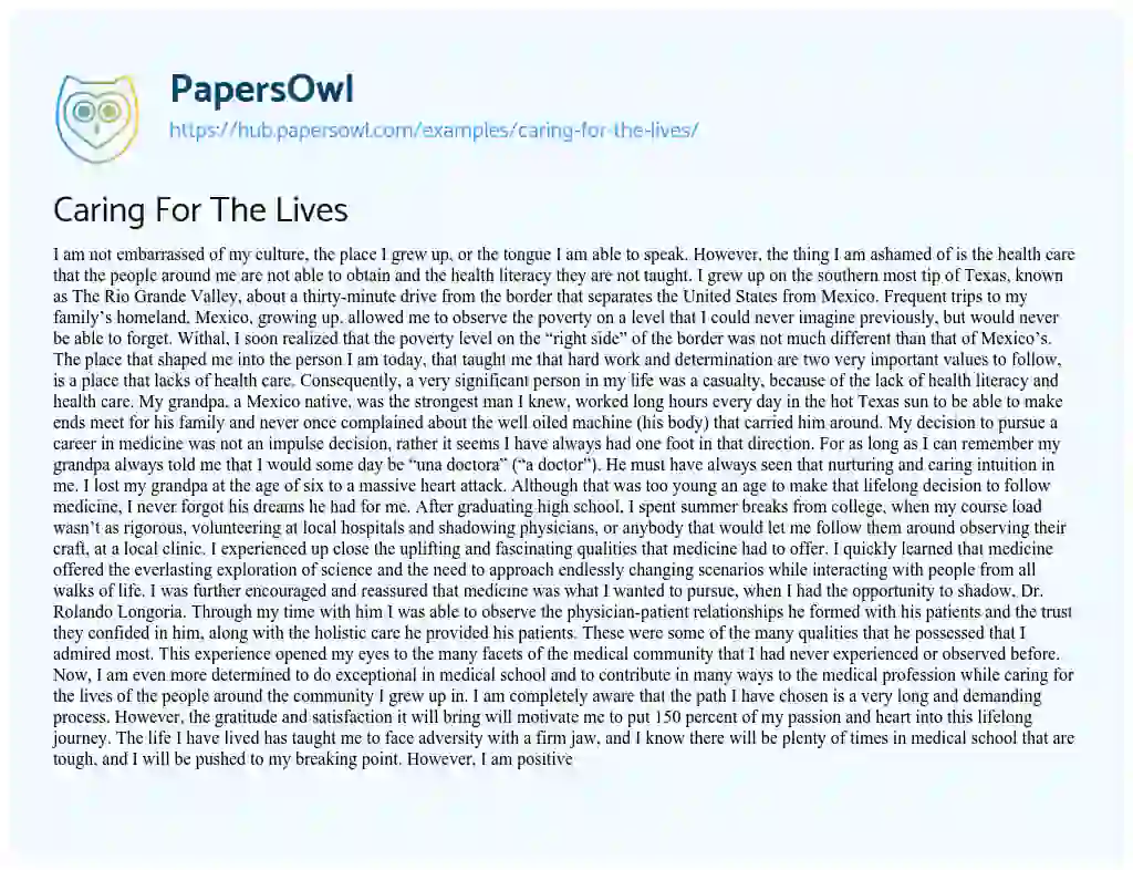 Essay on Caring For The Lives