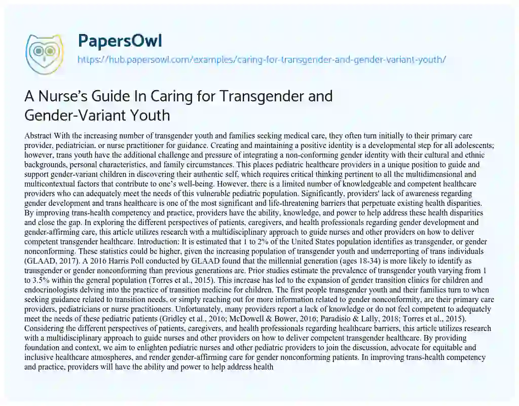 Essay on A Nurse’s Guide In Caring for Transgender and Gender-Variant Youth