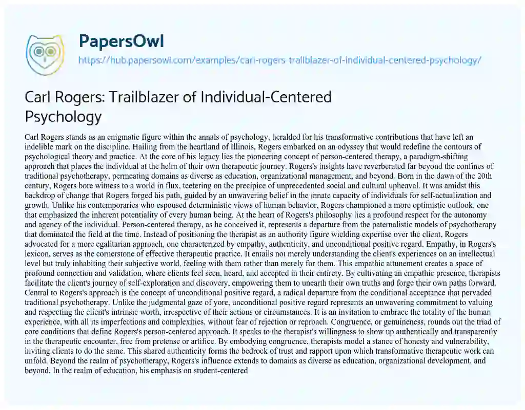 Essay on Carl Rogers: Trailblazer of Individual-Centered Psychology