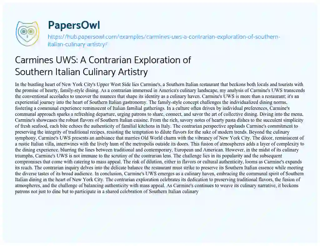 Essay on Carmines UWS: A Contrarian Exploration of Southern Italian Culinary Artistry