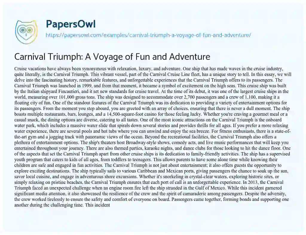 Essay on Carnival Triumph: A Voyage of Fun and Adventure