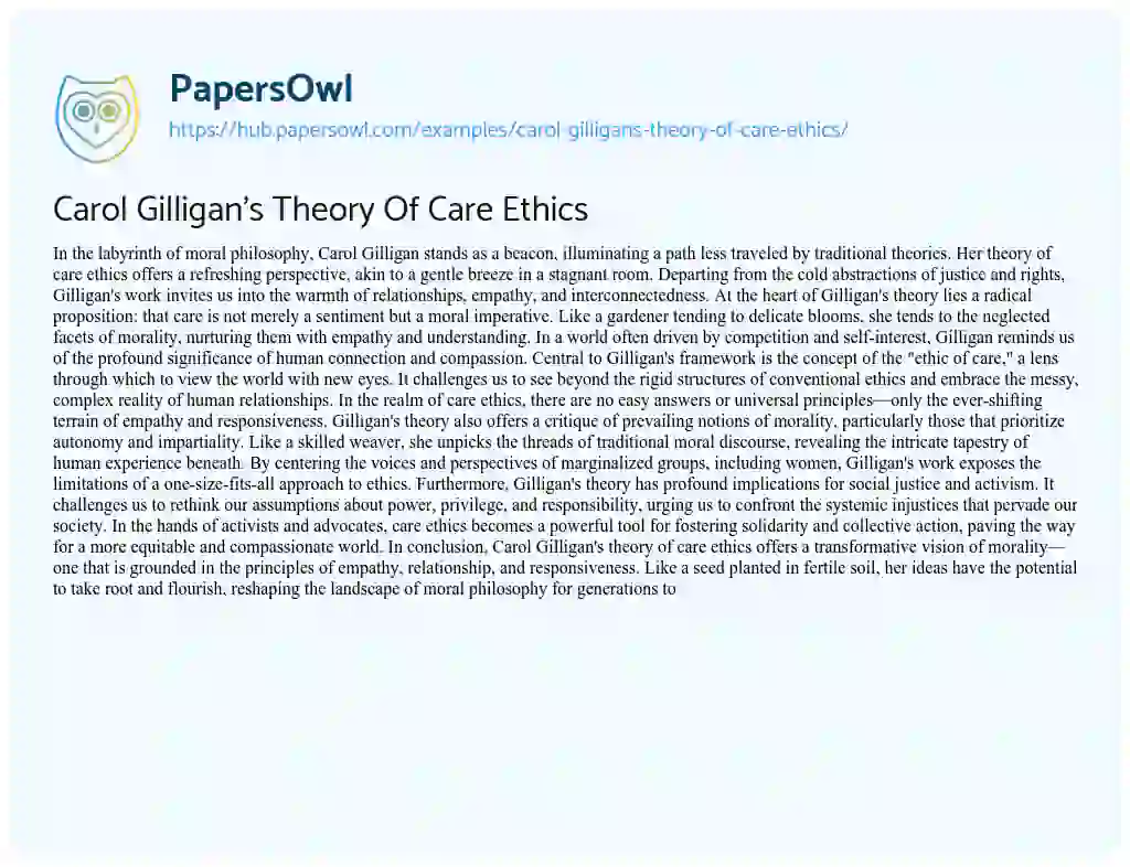 Essay on Carol Gilligan’s Theory Of Care Ethics