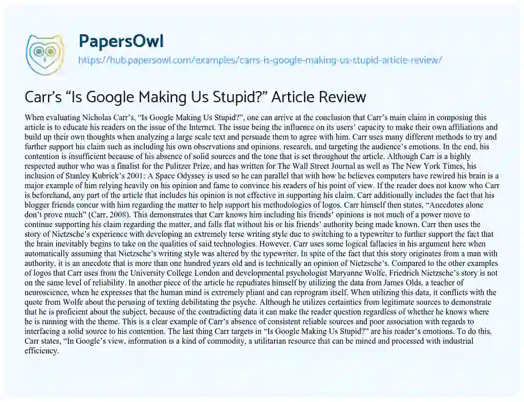 Essay on Carr’s “Is Google Making Us Stupid?” Article Review