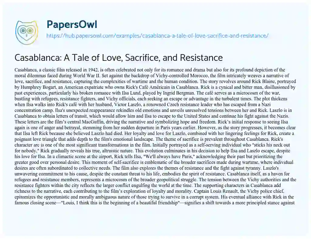 Essay on Casablanca: A Tale of Love, Sacrifice, and Resistance