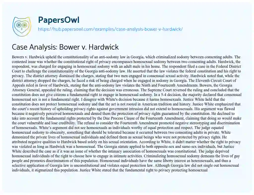 Essay on Case Analysis: Bower v. Hardwick