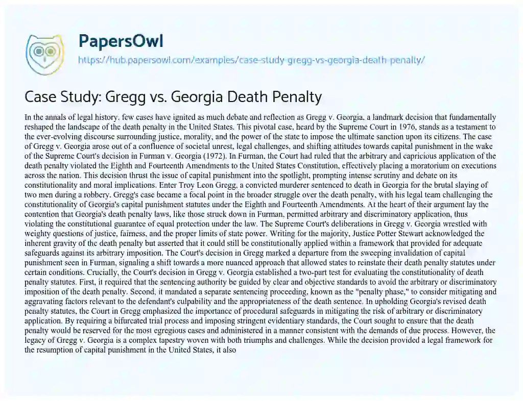 Essay on Case Study: Gregg vs. Georgia Death Penalty