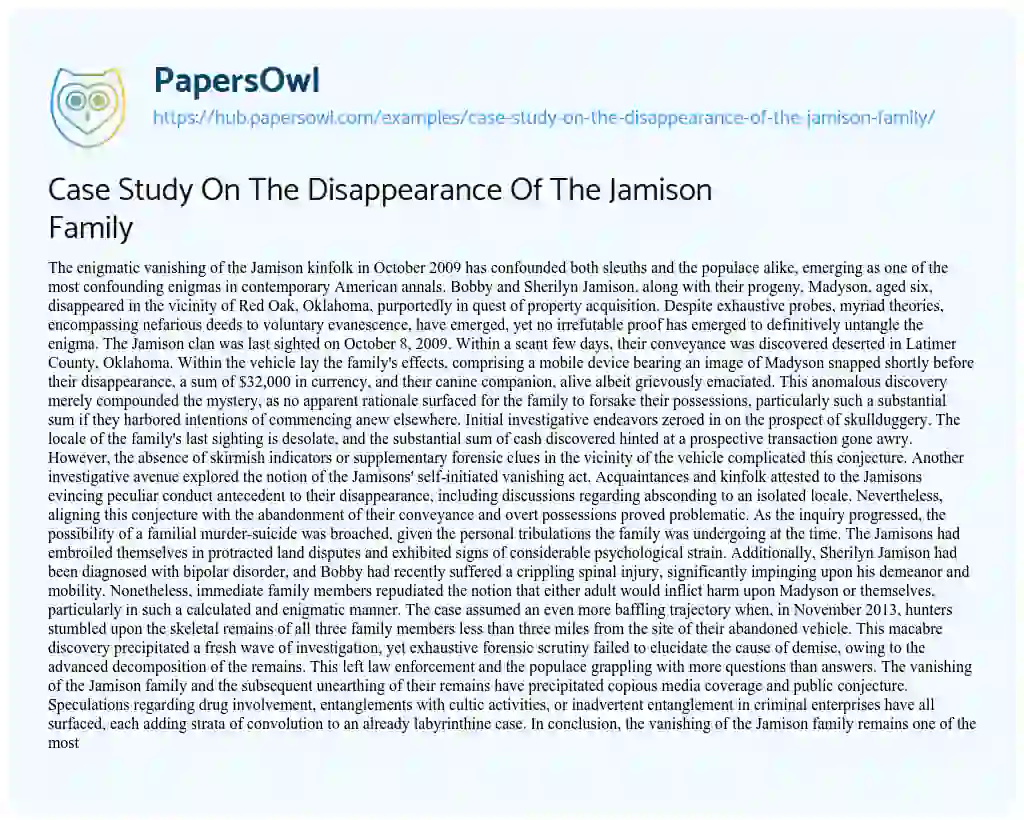 Essay on Case Study On The Disappearance Of The Jamison Family