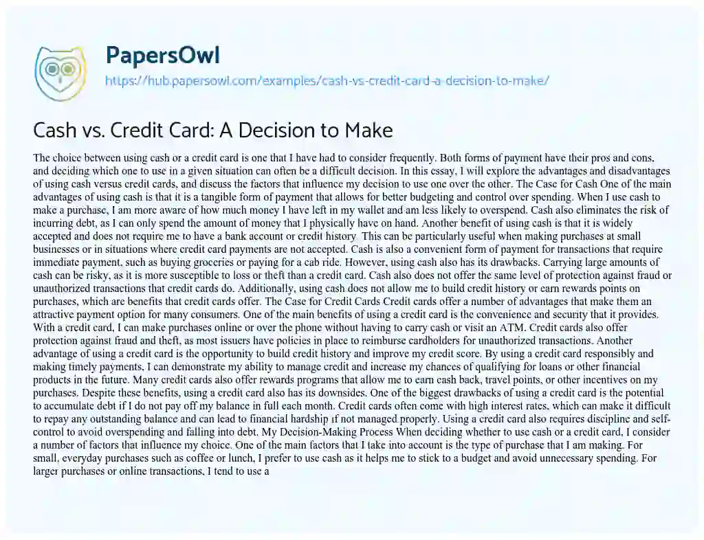 Essay on Cash vs. Credit Card: A Decision to Make
