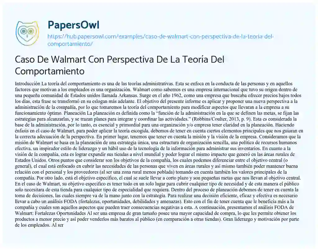 Essay on Caso De Walmart Con Perspectiva De La Teoría Del Comportamiento