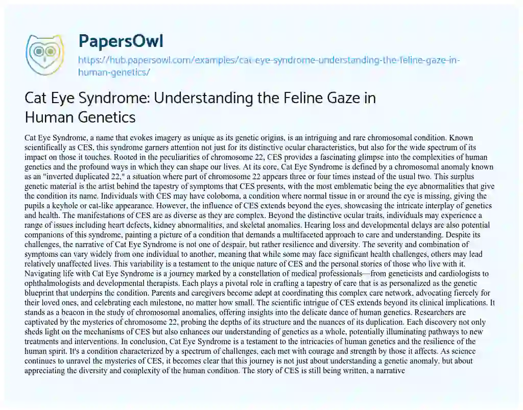 Essay on Cat Eye Syndrome: Understanding the Feline Gaze in Human Genetics