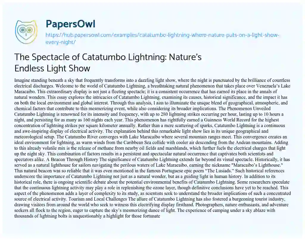 Essay on The Spectacle of Catatumbo Lightning: Nature’s Endless Light Show
