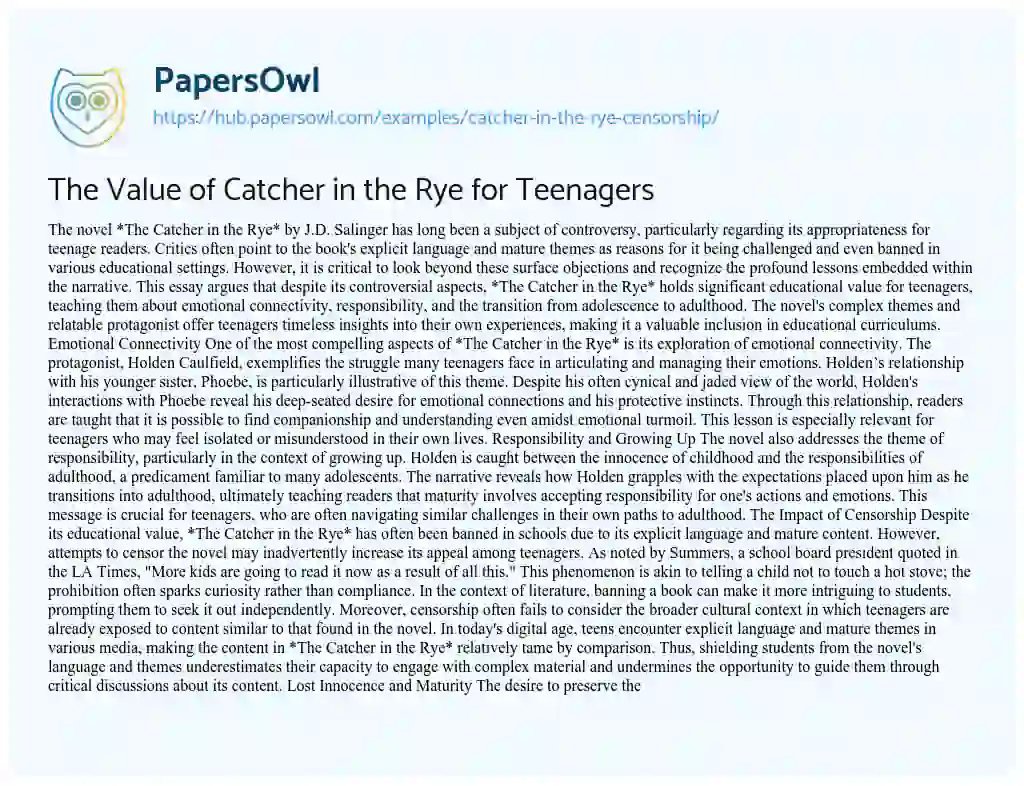 Essay on The Value of Catcher in the Rye for Teenagers