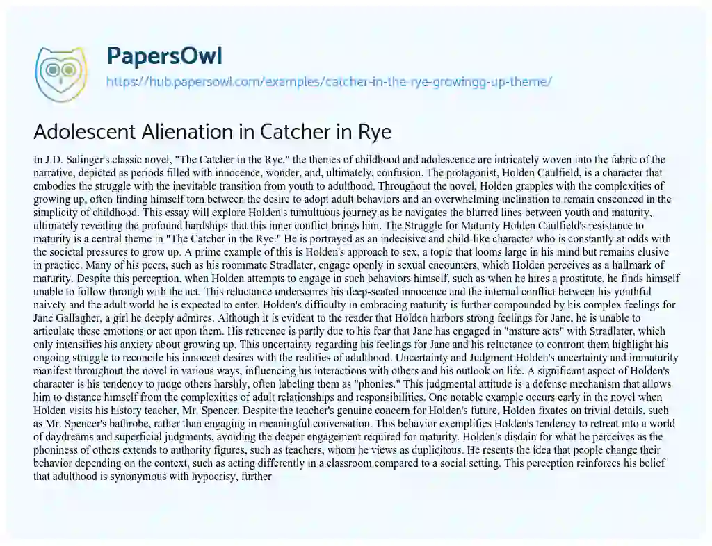 Essay on Adolescent Alienation in Catcher in Rye