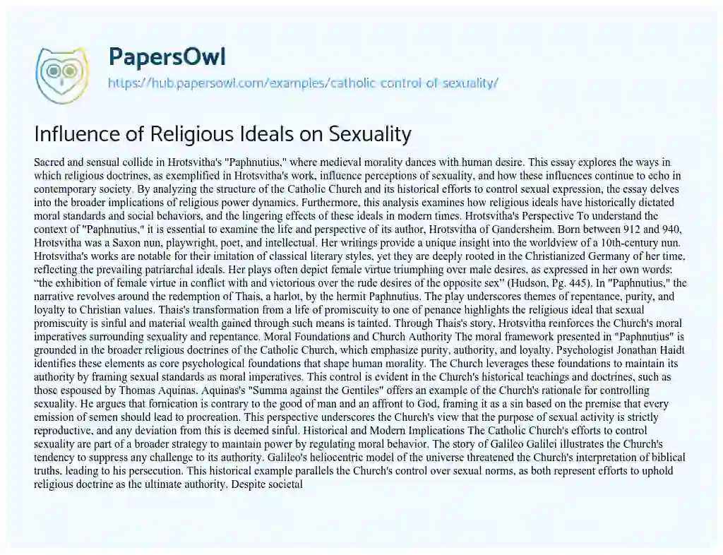 Essay on Influence of Religious Ideals on Sexuality