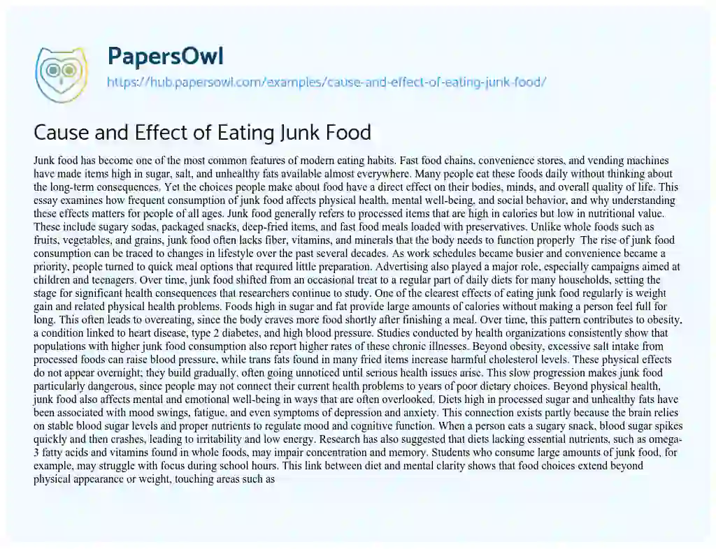 Essay on Cause and Effect of Eating Junk Food
