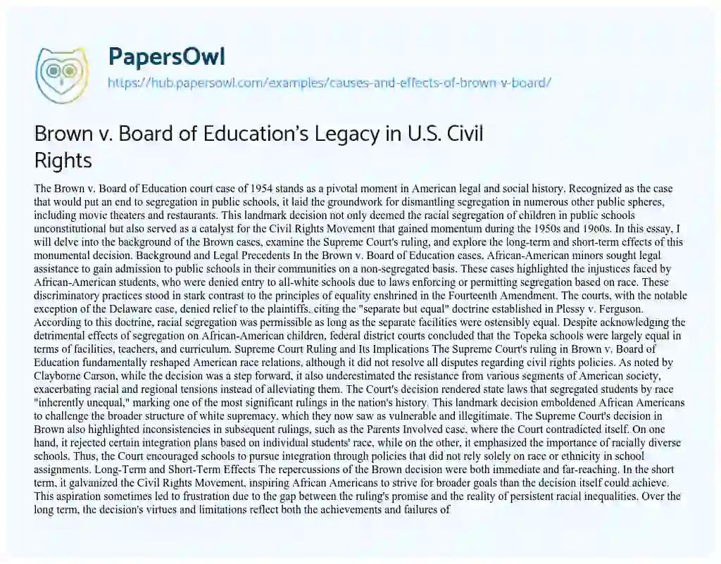 Essay on Brown v. Board of Education’s Legacy in U.S. Civil Rights