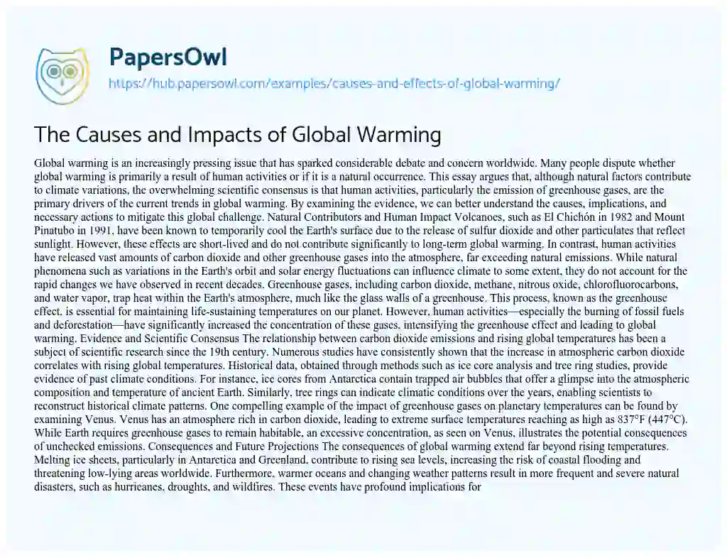 Essay on The Causes and Impacts of Global Warming