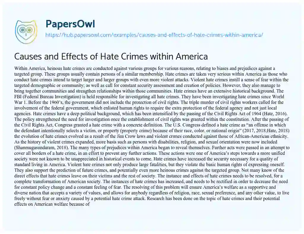 Essay on Causes and Effects of Hate Crimes within America