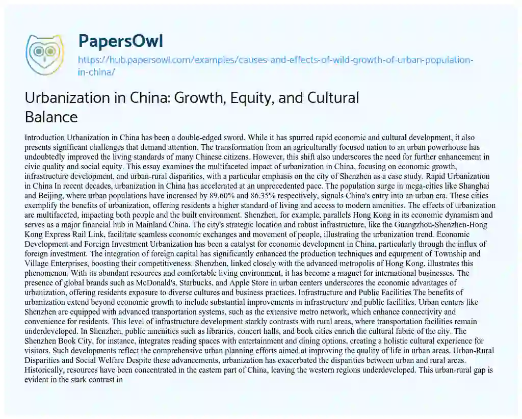 Essay on Urbanization in China: Growth, Equity, and Cultural Balance