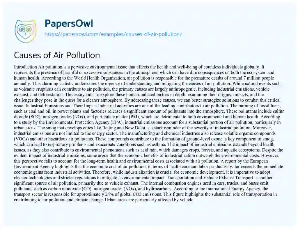 Essay on Causes of Air Pollution