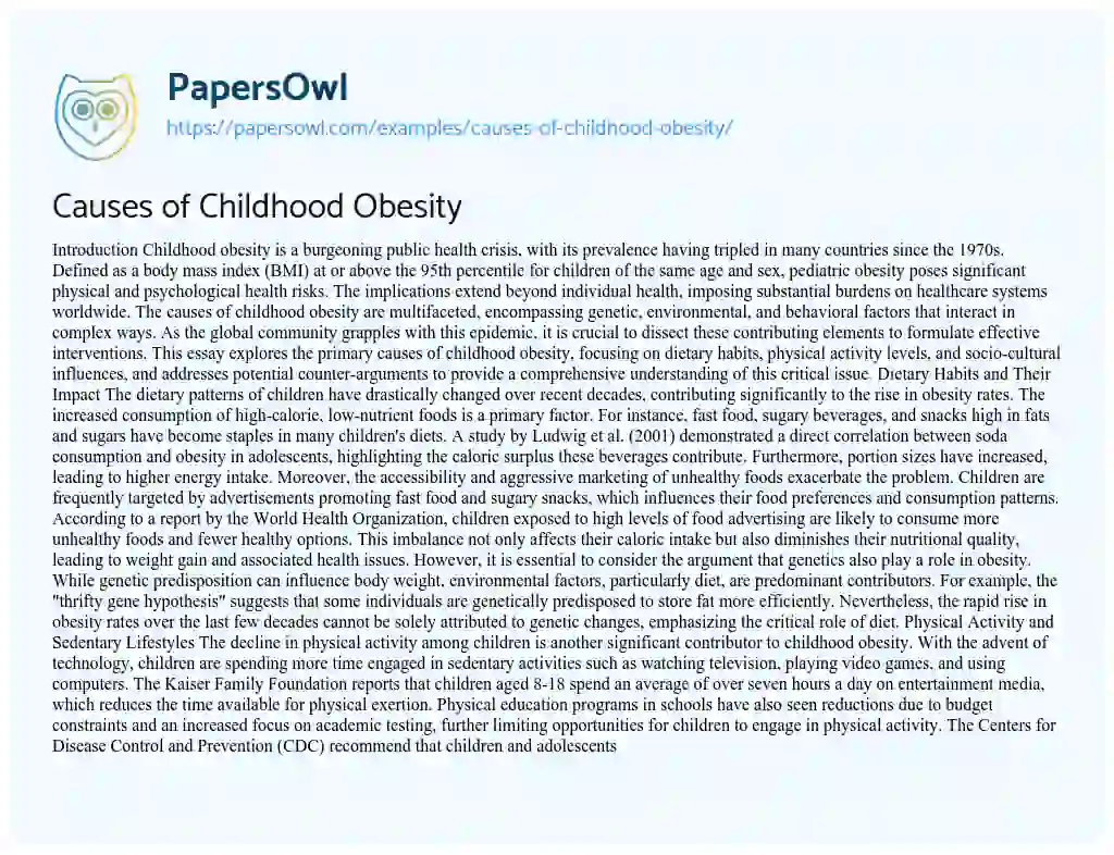 Essay on Causes of Childhood Obesity