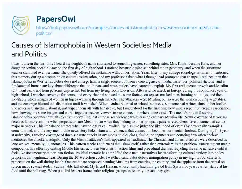 Essay on Causes of Islamophobia in Western Societies: Media and Politics