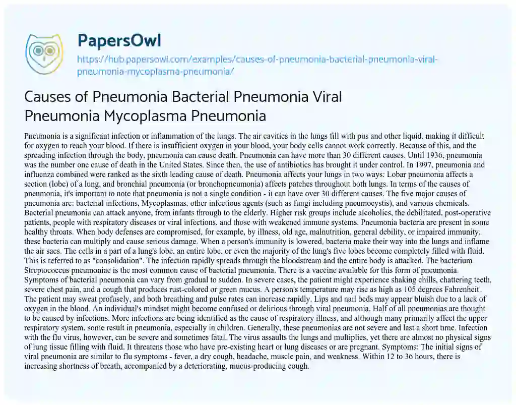 Essay on Causes of Pneumonia Bacterial Pneumonia Viral Pneumonia Mycoplasma Pneumonia