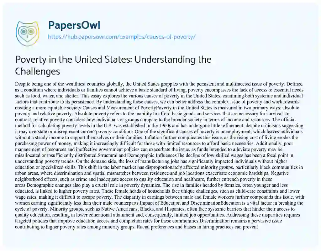 Essay on Poverty in the United States: Understanding the Challenges