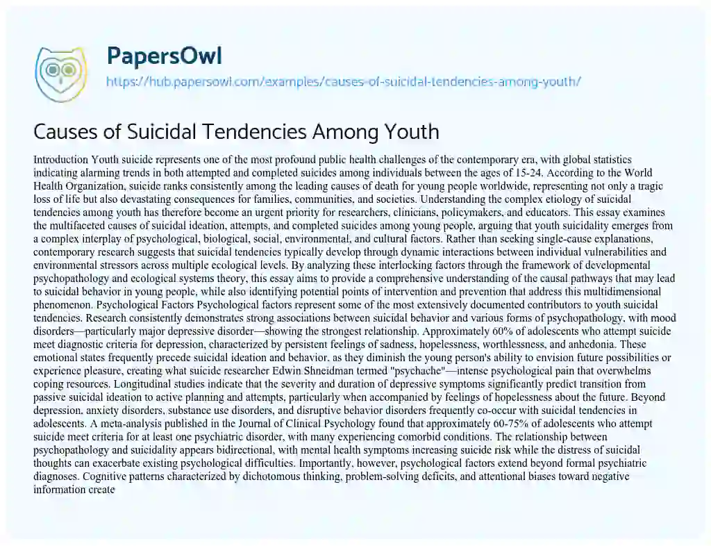 Essay on Causes of Suicidal Tendencies Among Youth