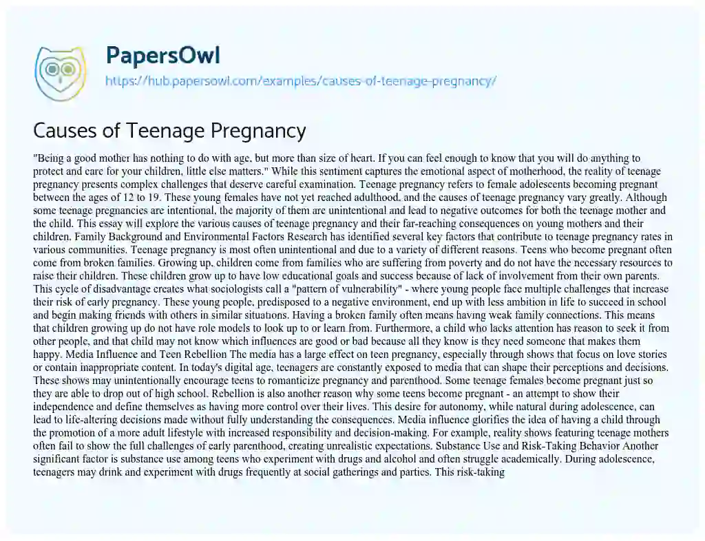 Essay on Causes of Teenage Pregnancy