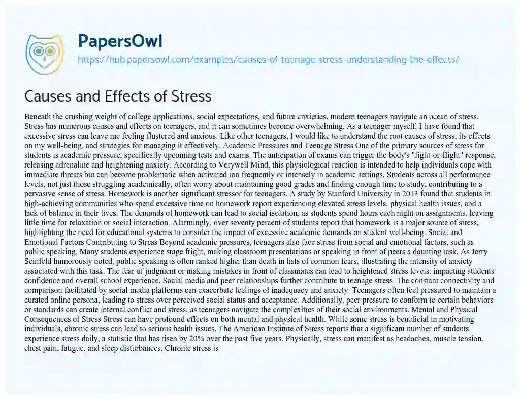 Essay on Causes and Effects of Stress