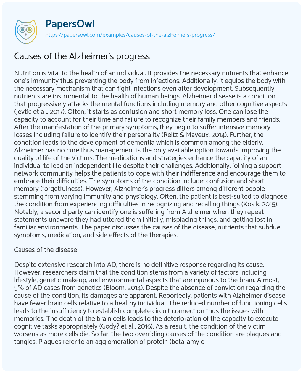 Essay on Causes of the Alzheimer’s progress