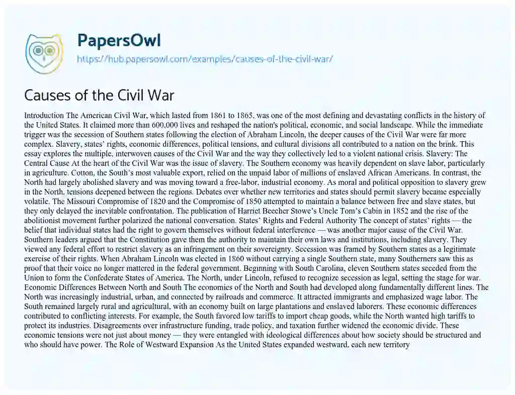 Essay on Causes of the Civil War