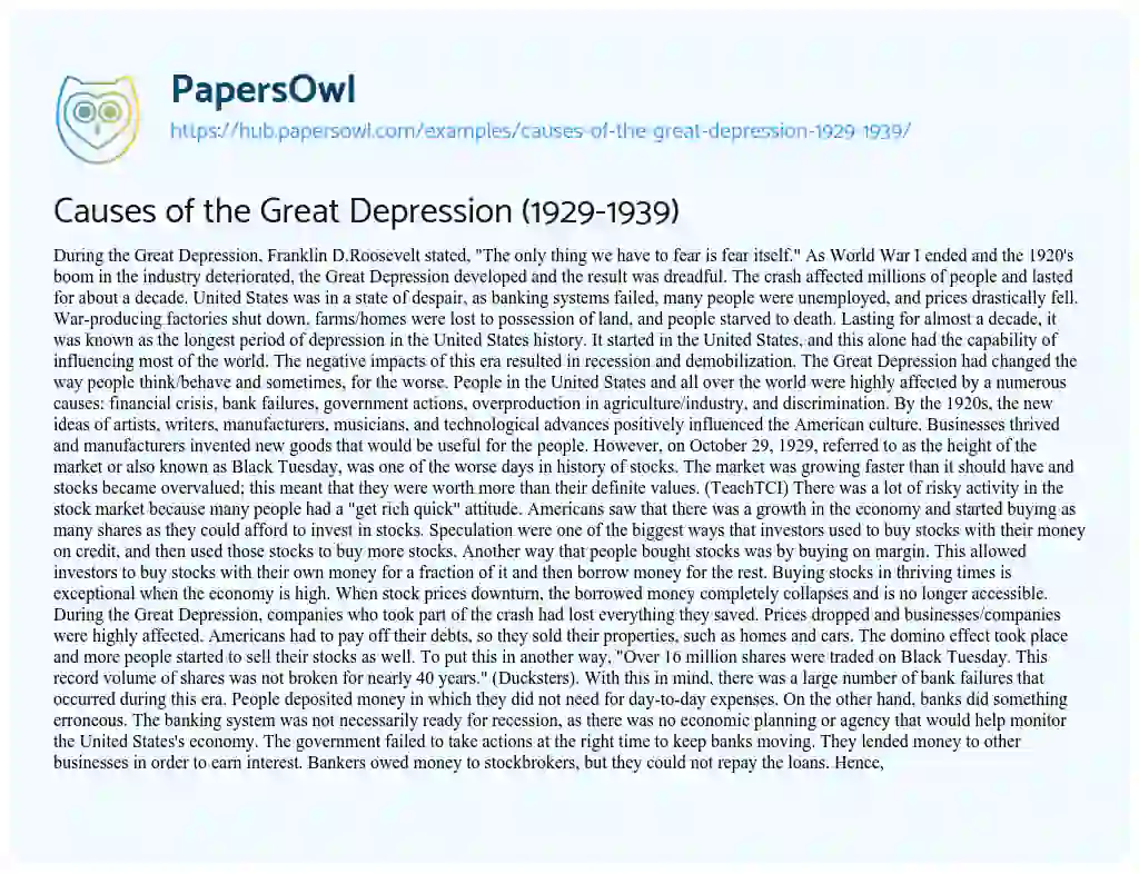 Essay on Causes of the Great Depression (1929-1939)