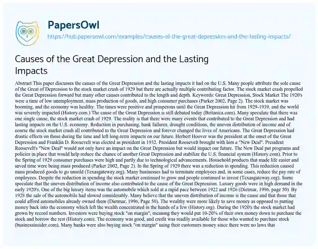 Essay on Causes of the Great Depression and the Lasting Impacts